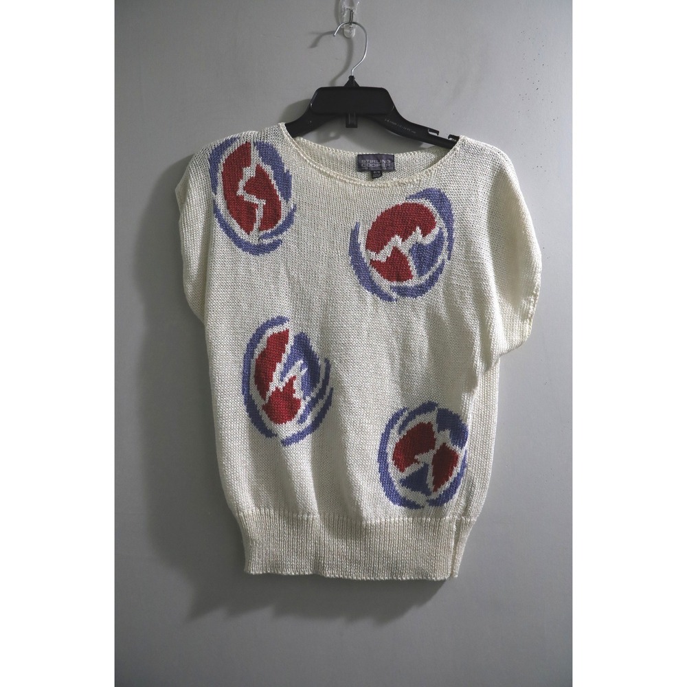 Vintage Stirling Cooper Linen Blend Abstract Knit Top Cream Red Sz 8/9